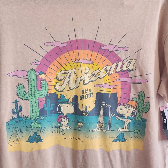 Peanuts Women's Size Small Arizona It's Hot! Tan/Colorful Graphic T-shirt NWT - Picture 2 of 7